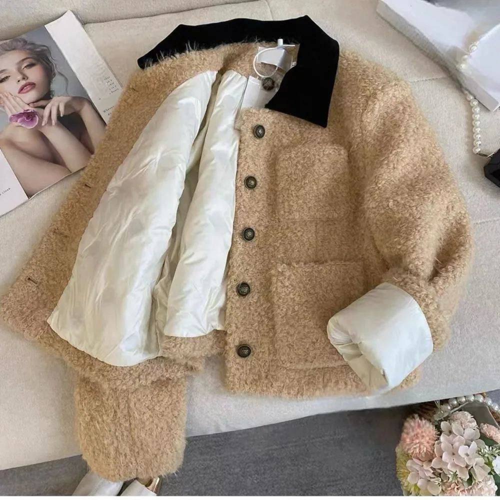 

Высококачественные стеганые новые свободные пальто с небольшой ароматной подкладкой осенью и зимой, теплая стеганая контрастная лацкана, новая французская верхняя одежда