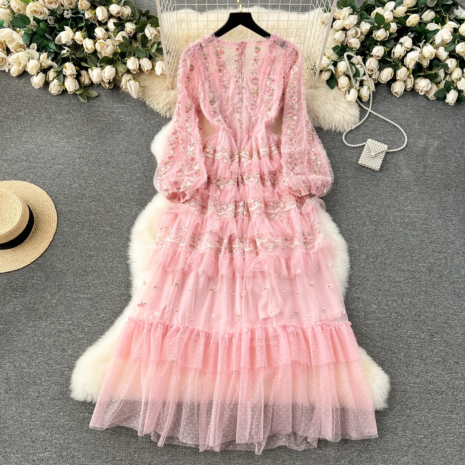 Retro Elegant Ruffle Embroidery Mesh V Neck Dress A-line Long Sleeve Casual High Waist Women Spring Autumn Bohemian Dresses