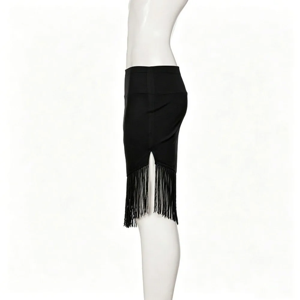 Modischer Rock mit unregelmäßigem Saum, niedriger Taille, schmaler Passform, knielang, Midi-Rock mit Quastenbesatz für Damen – Detail 2