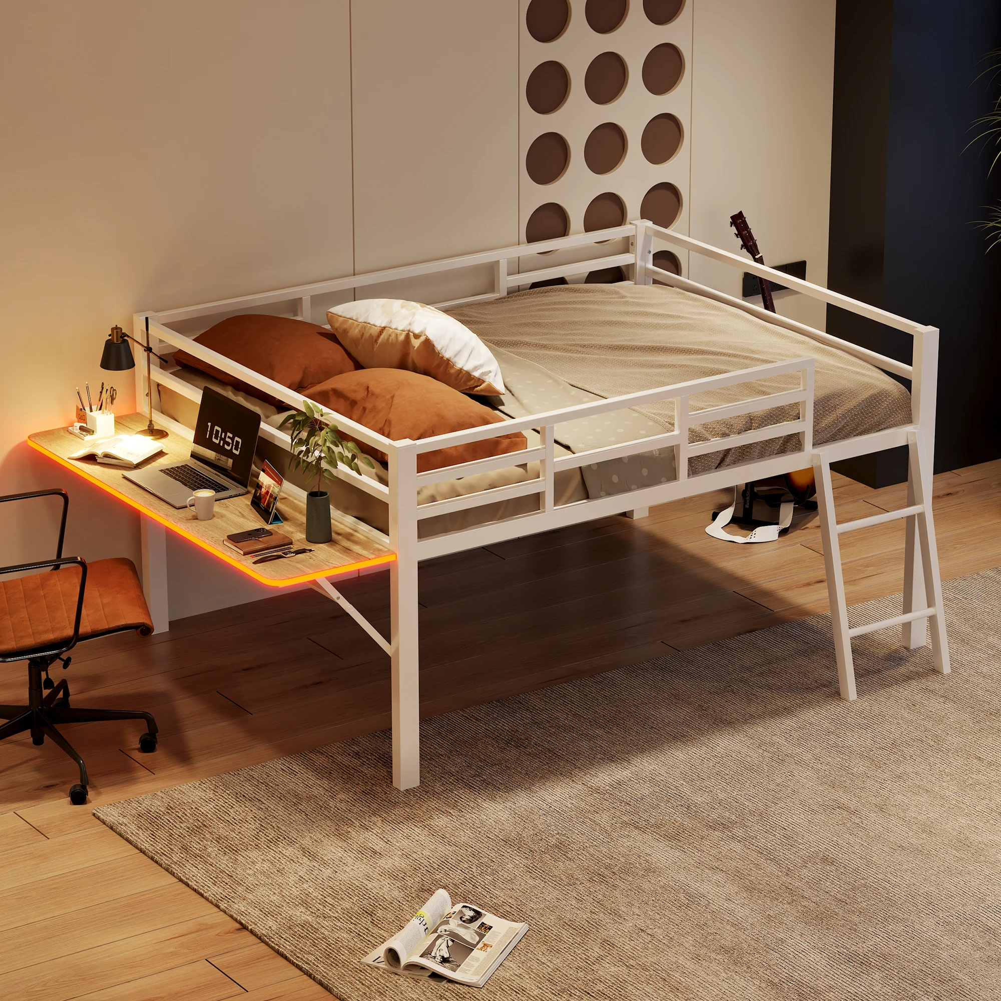 Metal bed 140x200cm white flatbed with Ladder Desk & LED without mattress