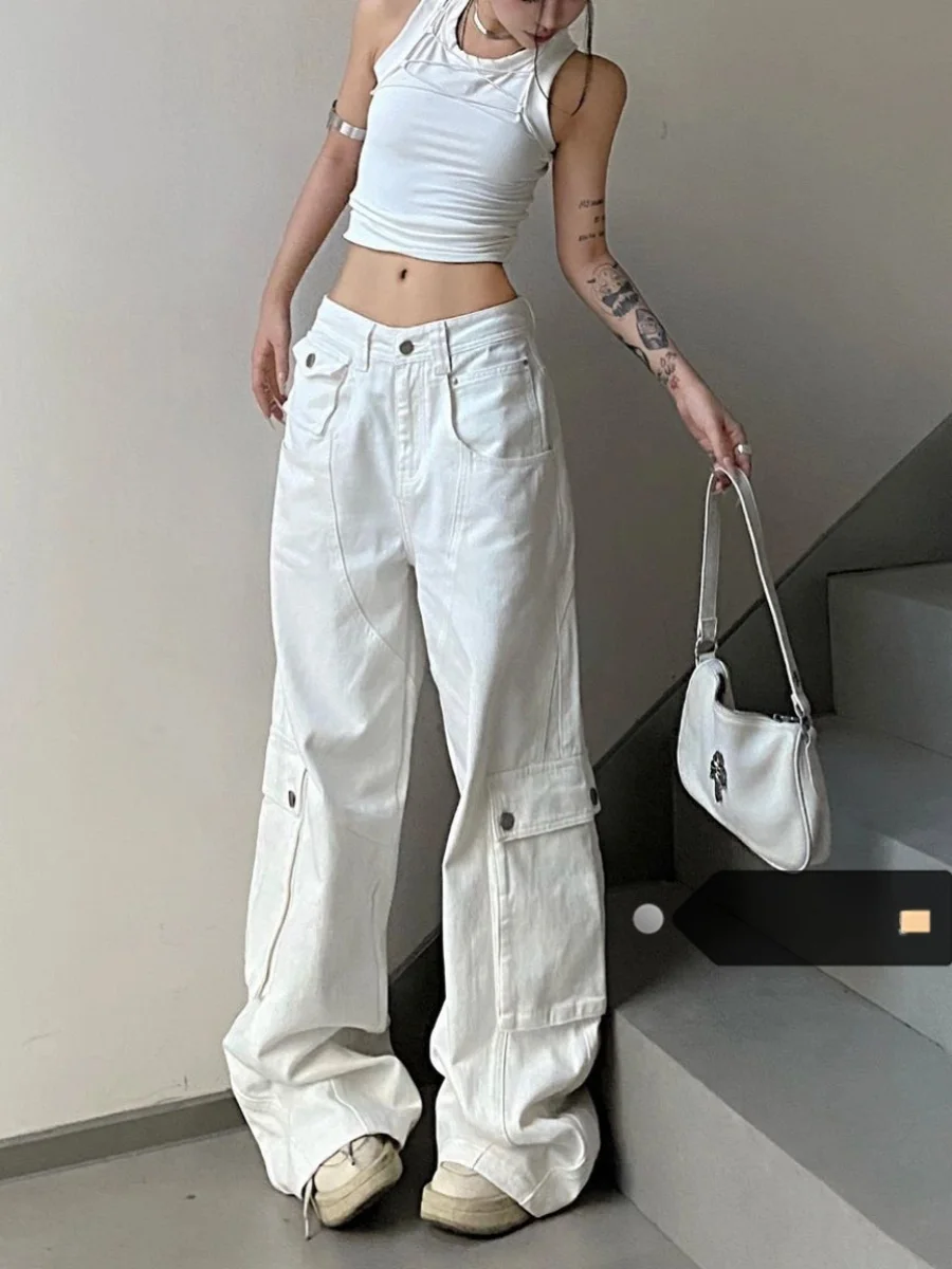 

High Waist Wide Leg Straight Cut Workwear Jeans Women's Autumn Long Trousers Heavy Design Loose Fit Floor Length Pants
