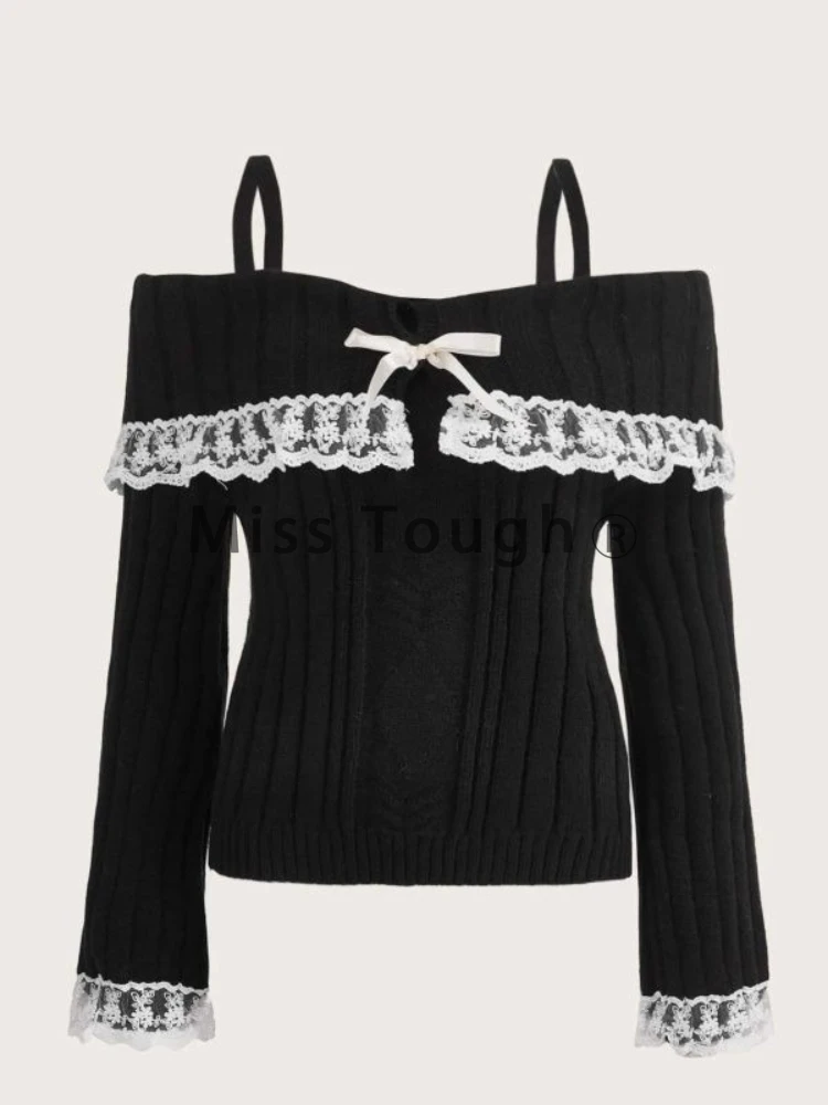 Winter Sweet Elegant Off Shoulder Knit Sweater Design Chic Slim Solid Bow Knitted Pullover Casual Warm Lace Long Sleeve Tops New