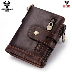 HUMERPAUL Genuine Leather Wallet With Cowhide For Men Money Purse Short Card Holder Double Zipper Male Bifold Coin Pocket RFID
