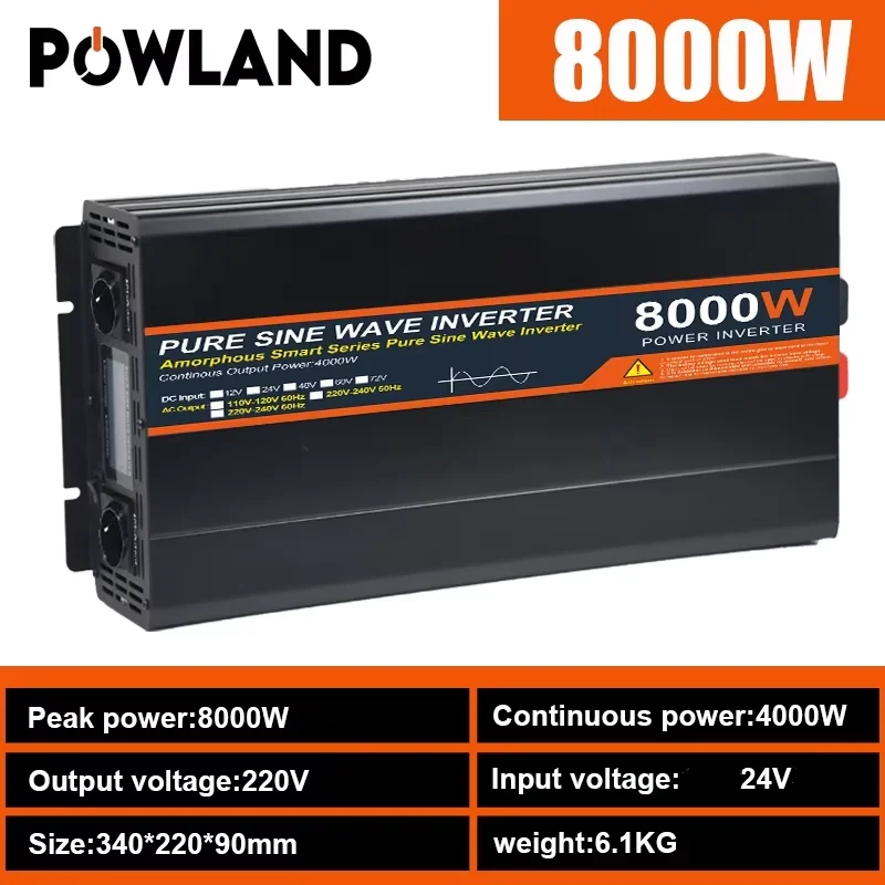 POWLAND 5KW 8KW 12KW Hoge-vermogen 50Hz/60Hz EU-stekker Auto-omvormer Zuivere Sinusgolf DC 12V naar AC 220V 230V LED Auto-omvormer