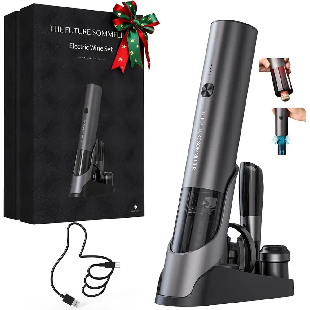 

Перезаряжаемый подарочный набор для вина 7-в-1 из сплава с электрическим штопором 2-в-1, вакуумным насосом, маслоразделителем, дозатором для вина, зарядной базой, 2 Вт