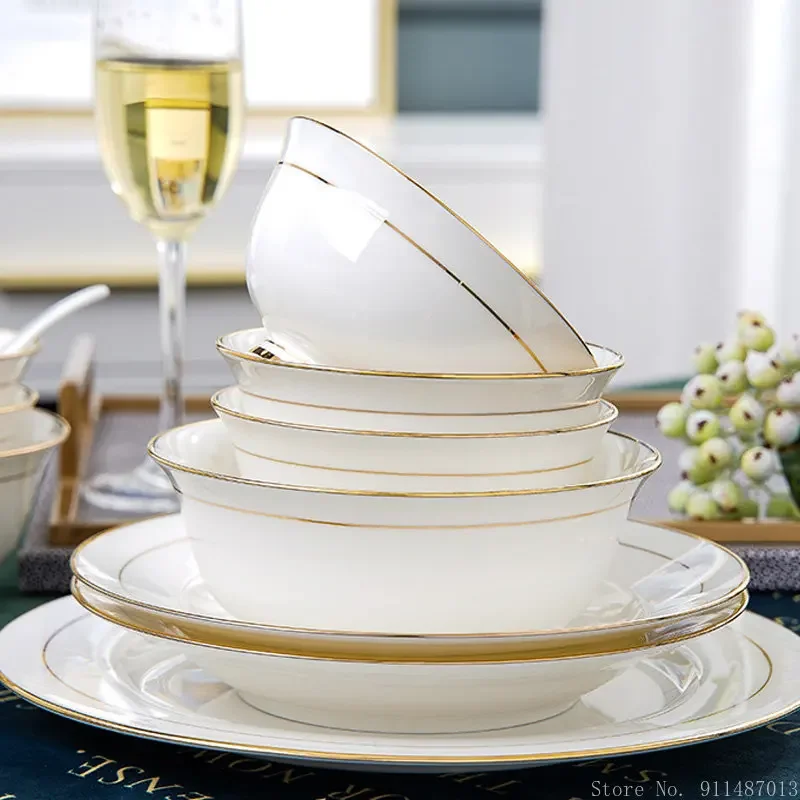 1pc Chinese white color gold edged ceramic bone china tableware household dining room kitchen supplies pot bowl dinner plate