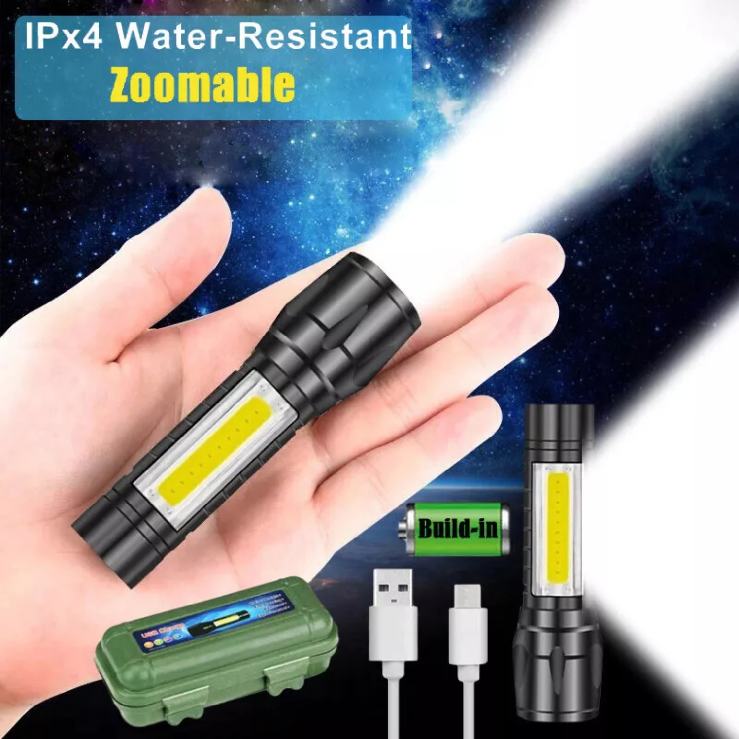 4 Pack Tactical LED Flashlight USB Rechargeable 3Modes Light Zoomable Lamp Torch