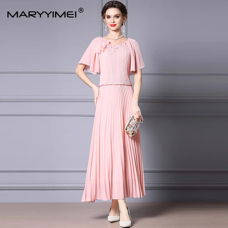 

MARYYIMEI Fashion design Women's Dress Short-sleeve Appliques Pleated Splicing Elegant Chic Summer Casual Holiday Long Dresses