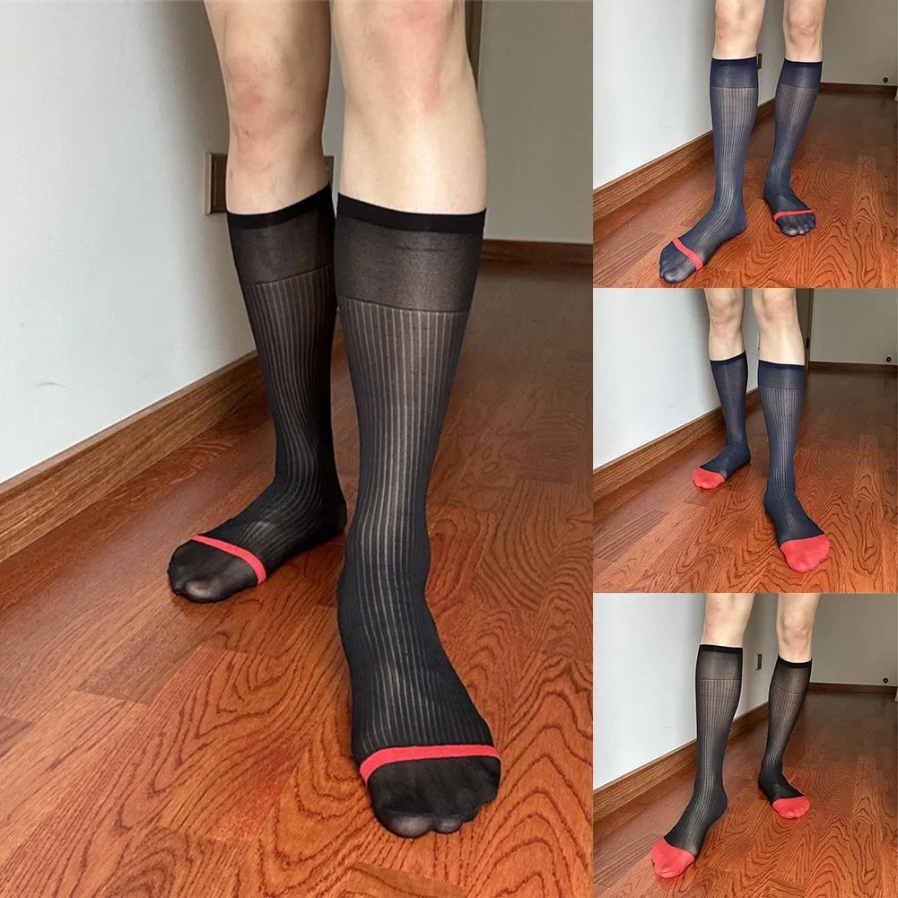Medias para hombre, calcetines transparentes de nailon, sexis, transparentes, transpirables, tubo de vestir, calcetines ultrafinos para hombre, ropa de rayas anchas y finas