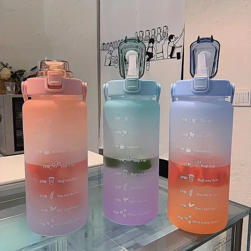 2 Liter Water Bottle with Straw Female Girls Large Portable Travel Bottles Sports Fitness Cup Summer Cold Water with Time Scale
