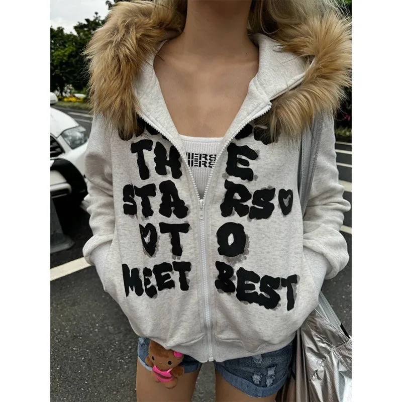 

2025 New Retro Fur Patchwork Grunge Zip Up Hoodies Women Y2k Aesthetic Hooded Tops Jackets Letter Print Pocket Coats Sweatshirts