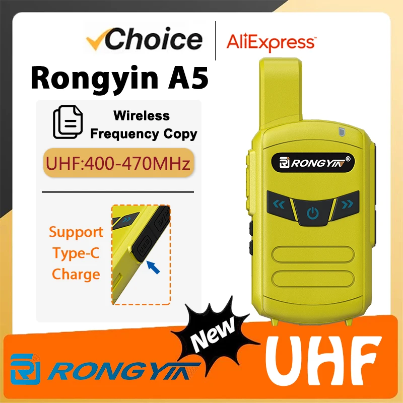 RongYin A5 미니 워키토키, 휴대용 핸드헬드 양방향 햄 라디오 UHF400-470Mhz, 16 채널 무선 주파수 복사, USB-C 충전 