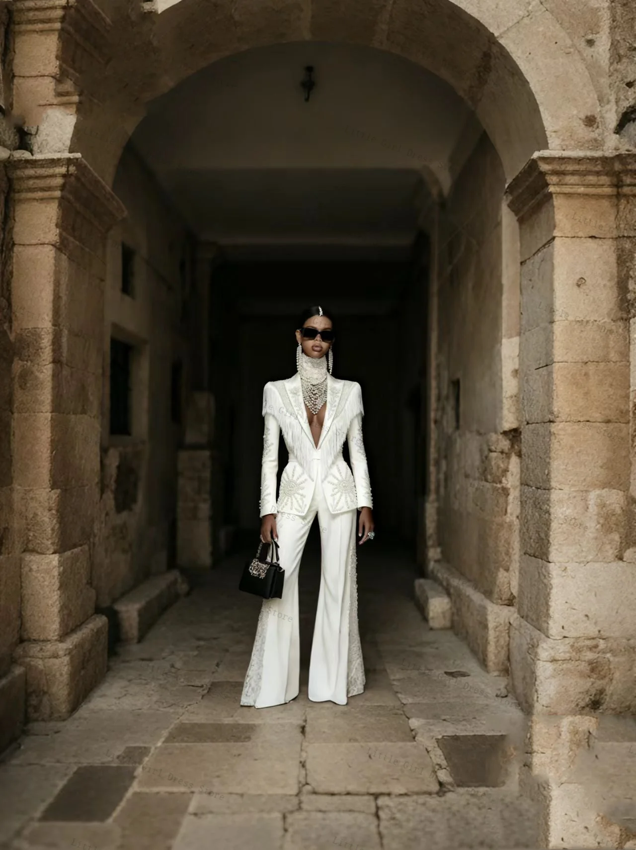 

White Tassel Women Suit Set 2 Piece Blazer Pants Trouser Shiny Crystal Formal Office Lady Jacket Wedding Bride Coat Customized