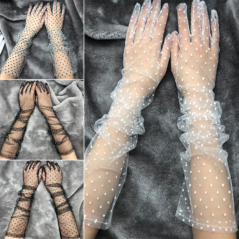 

Spring Summer Women Short Tulle Gloves White Black Dot Weeding Gloves Stretchy Lace Spots Full Finger Mittens Mesh Lace Gloves