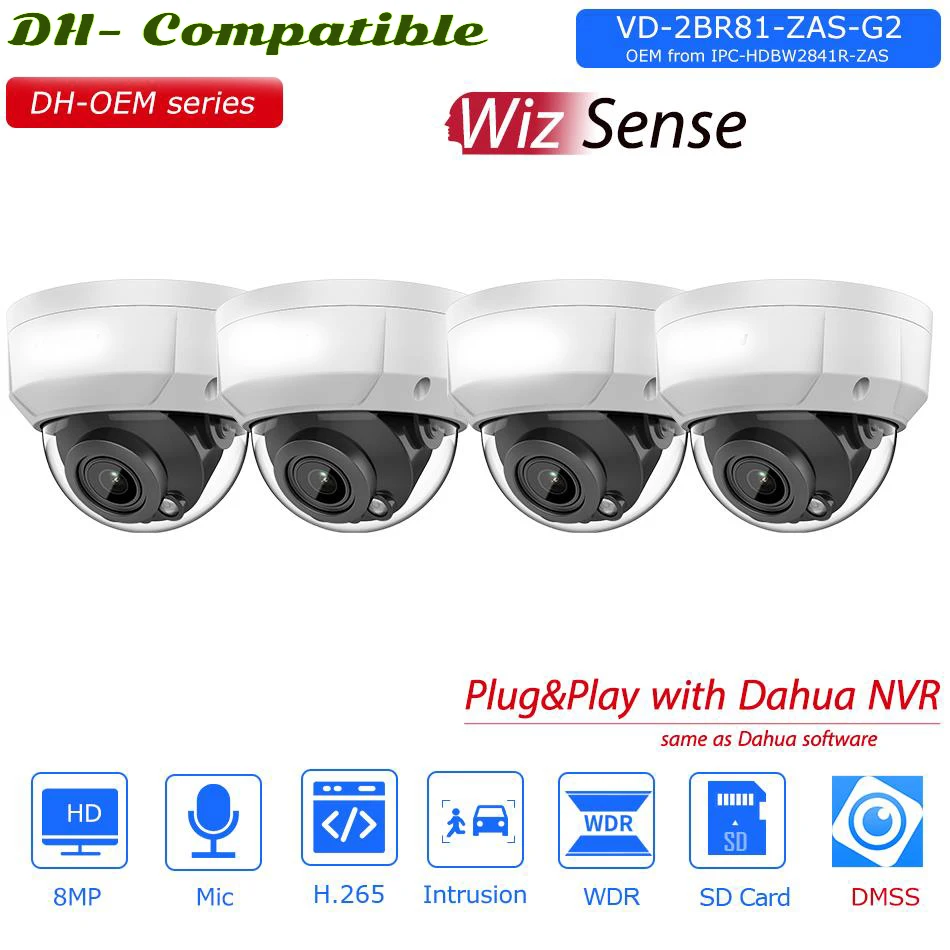 

4PCS OEM Dahua 8MP WizSense IP Camera 5X Zoom Built-in MIC SD Card Slot Surveillance Network Cameras replace IPC-HDBW2841R-ZAS