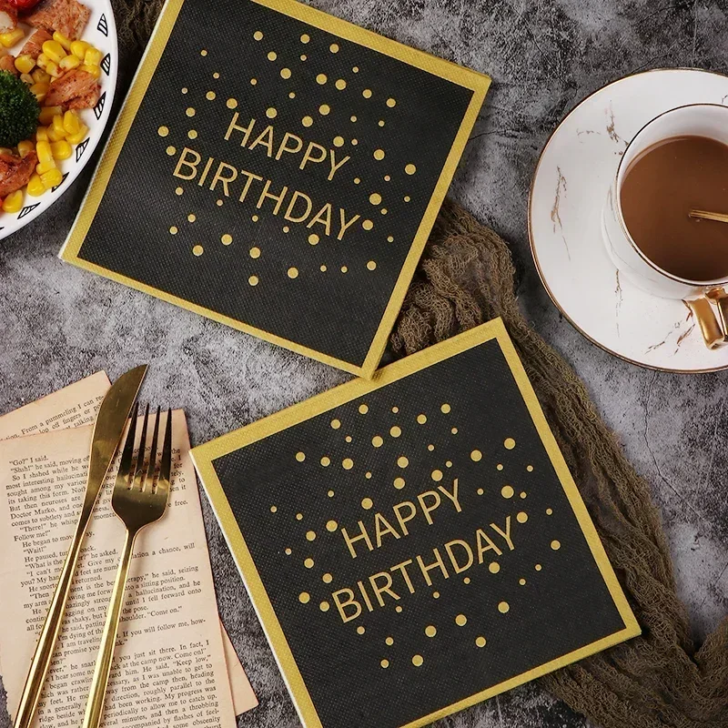 Birthday Party Colorful Printing Napkins Square Paper Napkins Gold Lettering on Black Background Paper Placemats 20pcs/pac 33cm