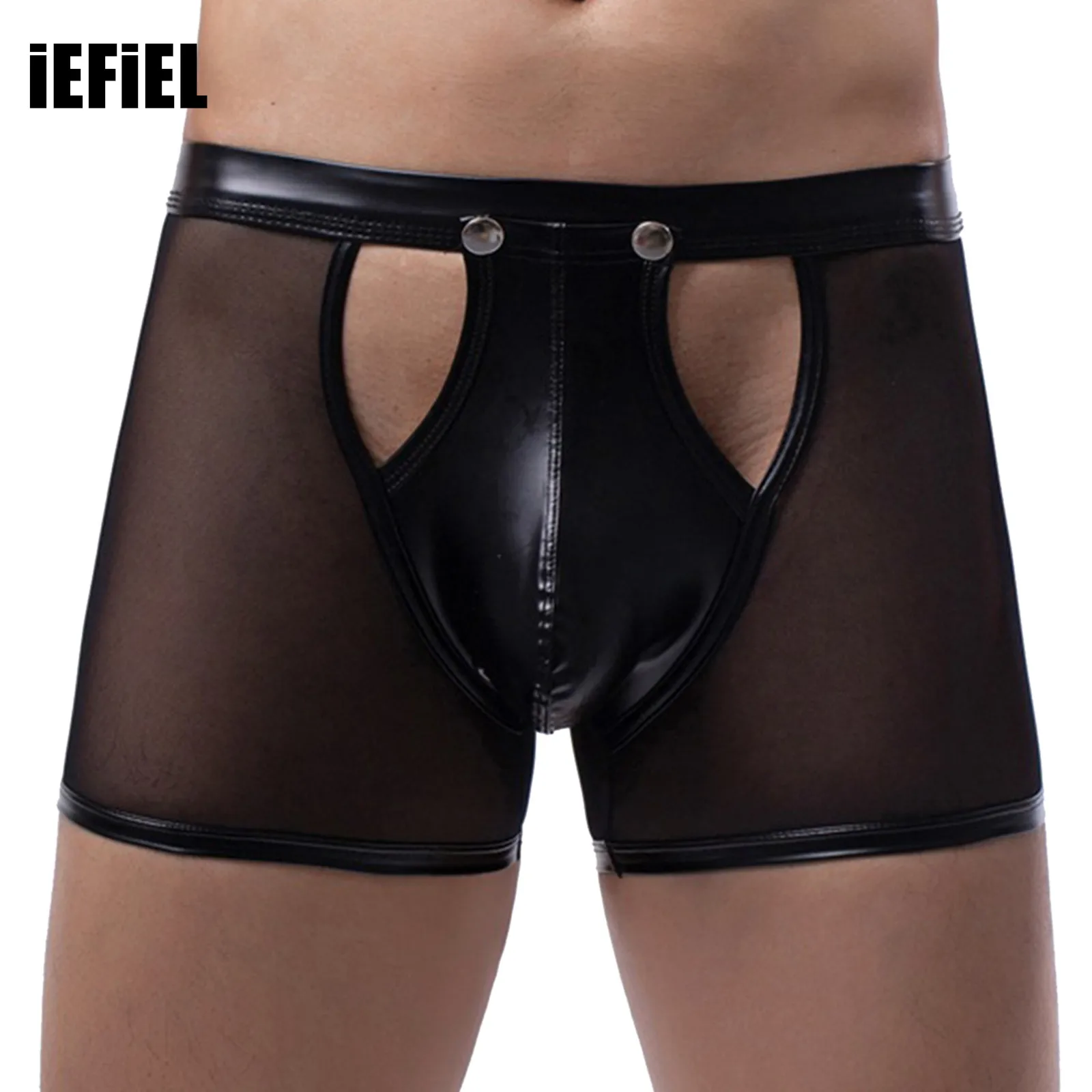 

Mens Hollow Out Patchwork Boxer Briefs Buttons Low Rise PU Leather Pouch Mesh Underwear Lingerie for Nightclub Loungewear