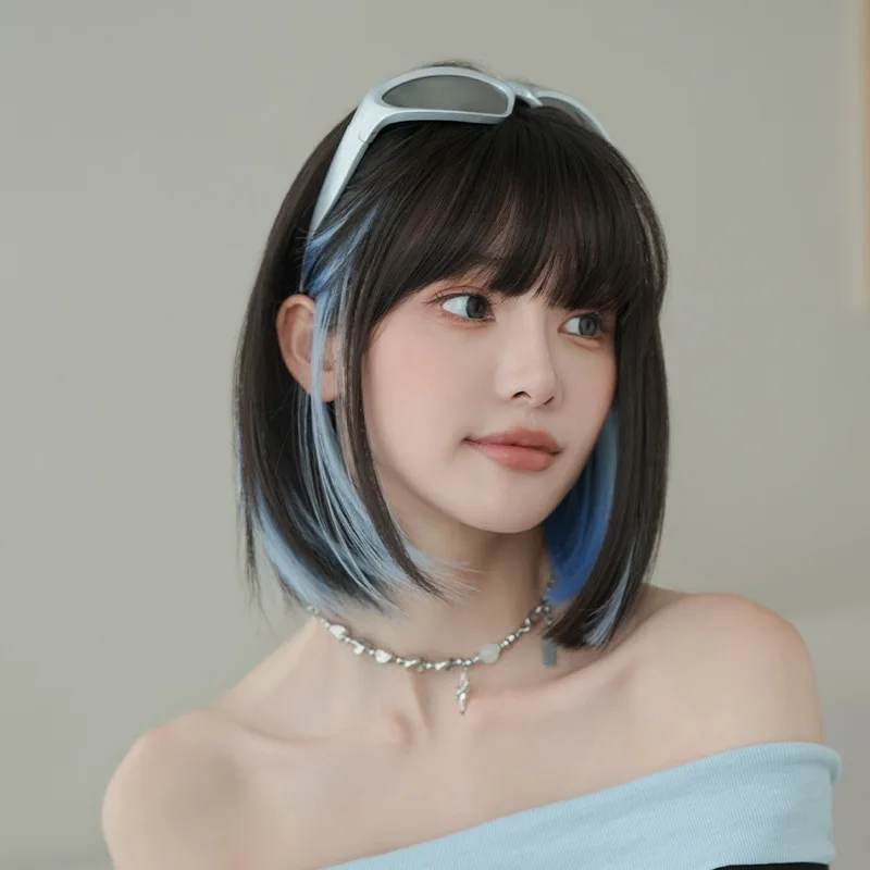 

Short Straight Wig, Blue Highlight, Natural Hair for Role-playing Parties, Daily Wear, Suitable for Women