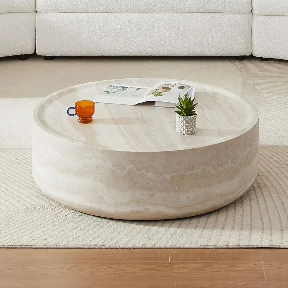39.37” Round Coffee Table ,Travertine Textured Tables Fiberglass Center Side Tables for Living Room Office, Coffee Table