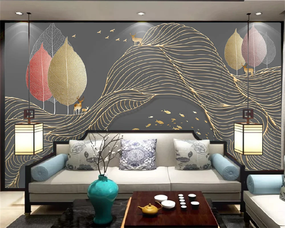 

wellyu Custom wallpaper new Chinese abstract lines elk, birds, fish, leaves, golden embossed lines, TV background wall murals