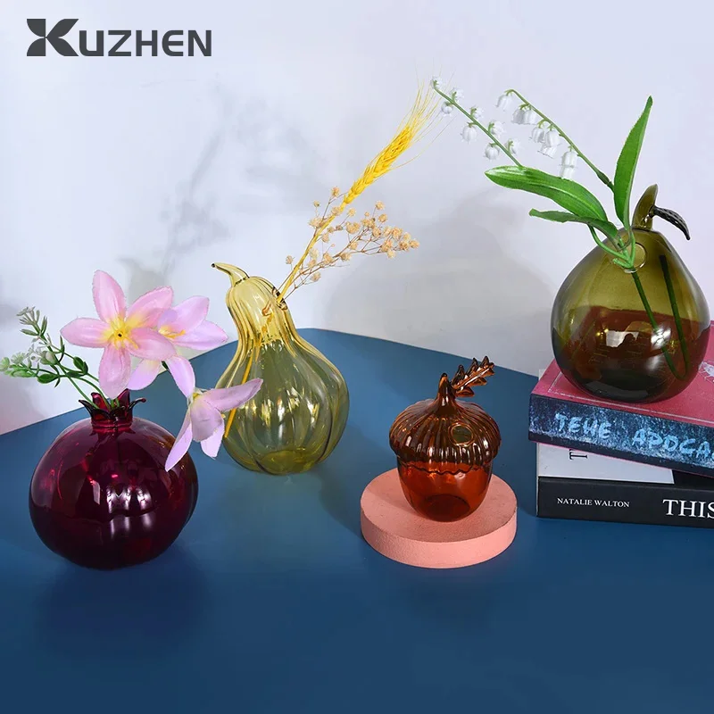 4 Styles Pomegranate Hazelnut Pear Gourd Shape Flower Vase Creative Cute Glass Home Table Shelf Foreplace Garden Decoration