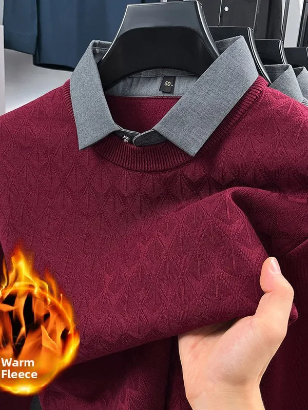 

Теплый мужской свитер с флисовой подкладкой, имитация двойки, с воротником-рубашкой, в стиле «папа», для повседневной носки на Новый год