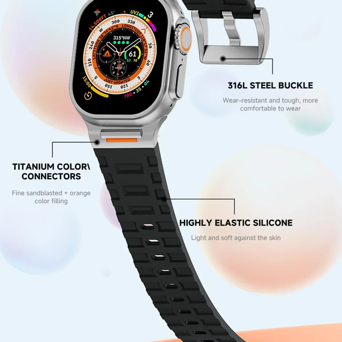 Роскошный спортивный ремешок для Apple Watch Ultra 2/1 49 мм 10 9 8 7 46 мм 45 мм Силиконовый браслет для iWatch6 5 4 se 44 мм Мягкий ремешок Correa