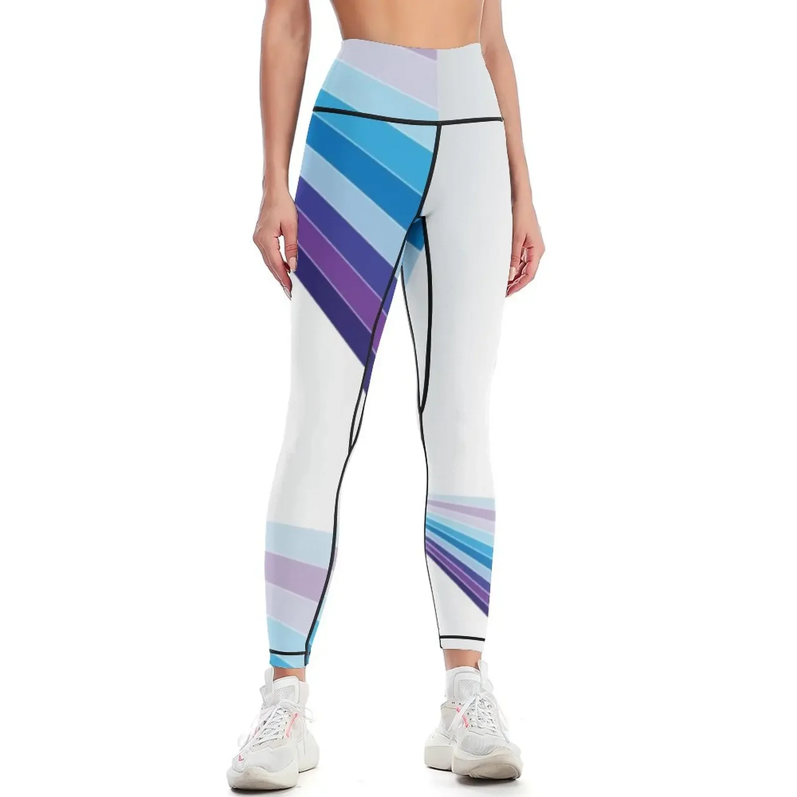 

65 MCMLXV White Retro 70s Disco Blue Streaks of Light Pattern Leggings Pants sport Women's sportswear Golf wear Womens Leggings