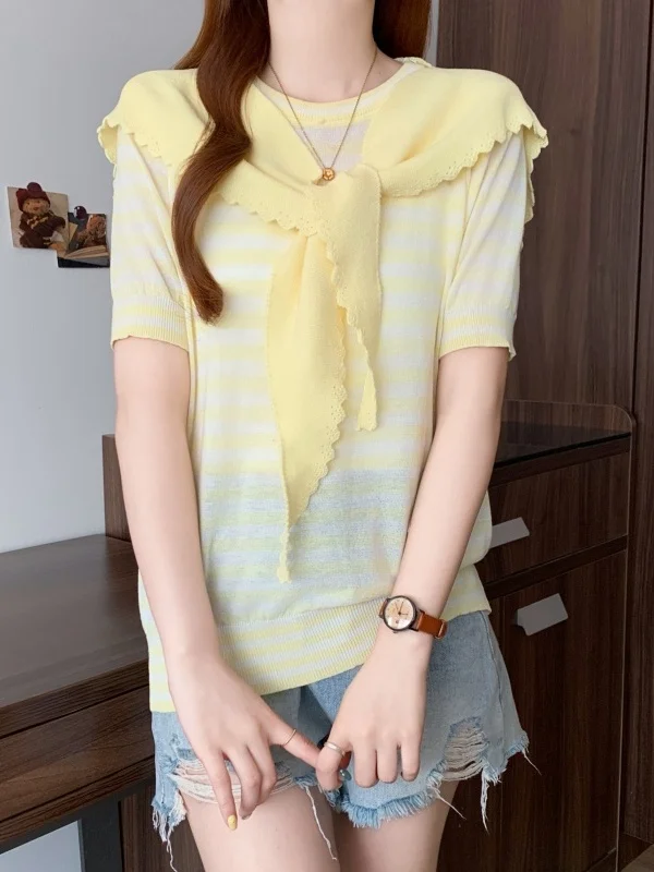 

Fashionable Knitted Short Sleeve Striped T-Shirt for plus Size Women Summer Casual Loose Comfortable Shoulder Shawl College S...
