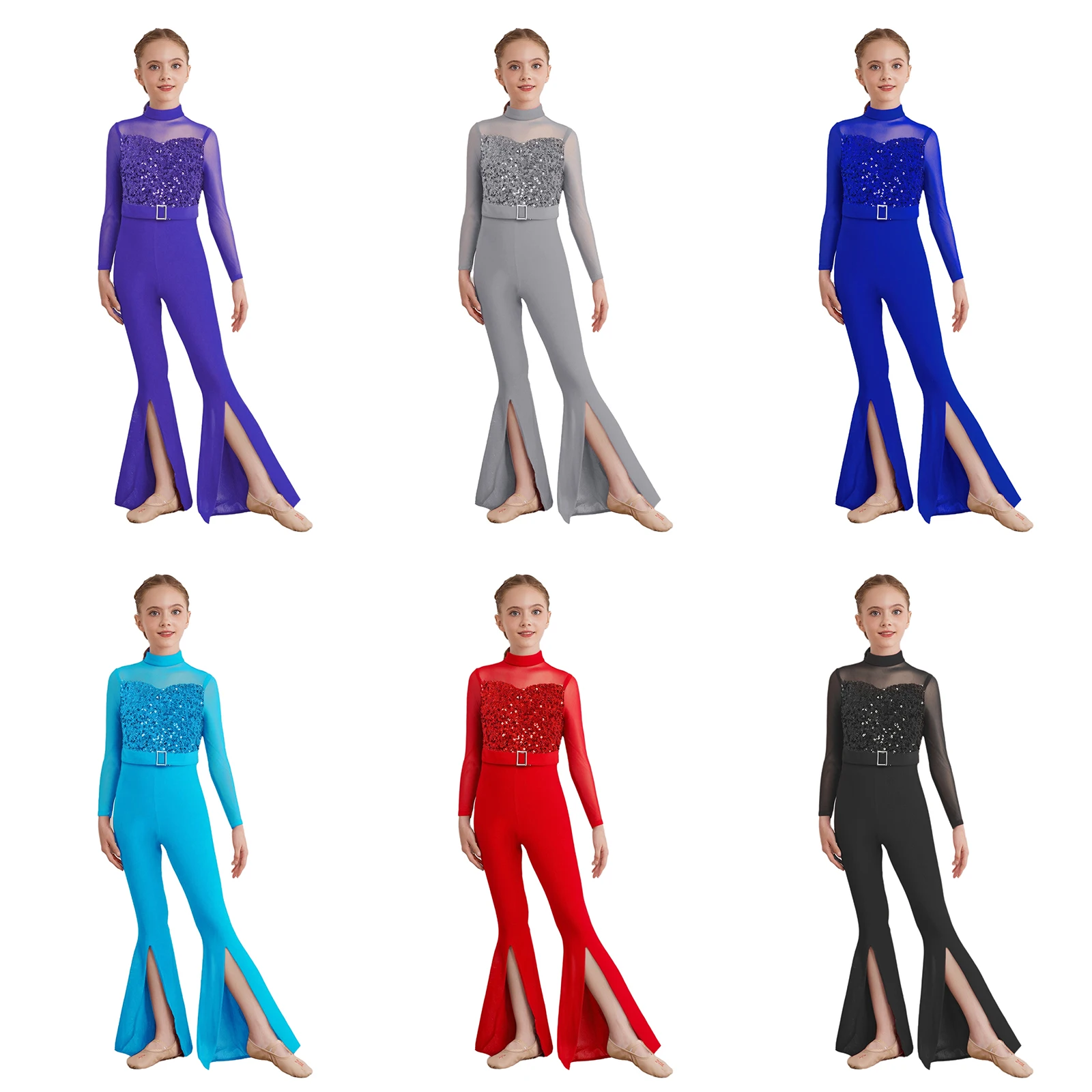 Kids Girls Jazz Dance Romper Performance Costume Long Sleeve Cutout Back Sheer Mesh Sequins Bodice Split Bell-Bottom Jumpsuit