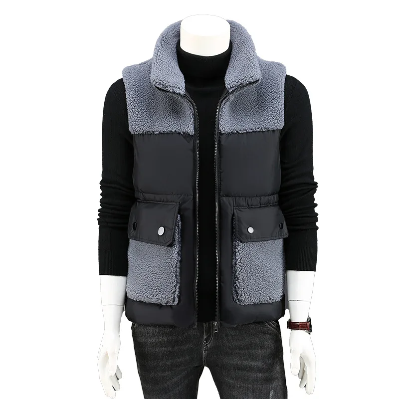 

Autumn and Winter Lamb Wool Collar Splicing Men's Vest Thickened Granular Down Cotton Vest Trend Slim Vest Men