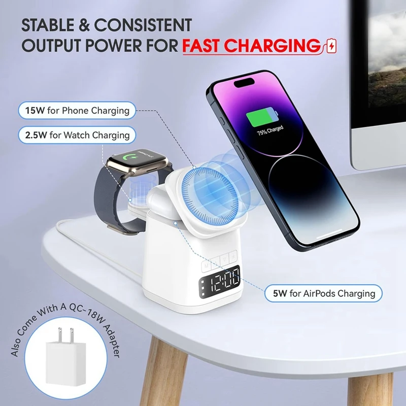 Versatile 3-In-1 Wireless Charging Dock With Built-In Alarm Clock And Night Light, White Charger Stand