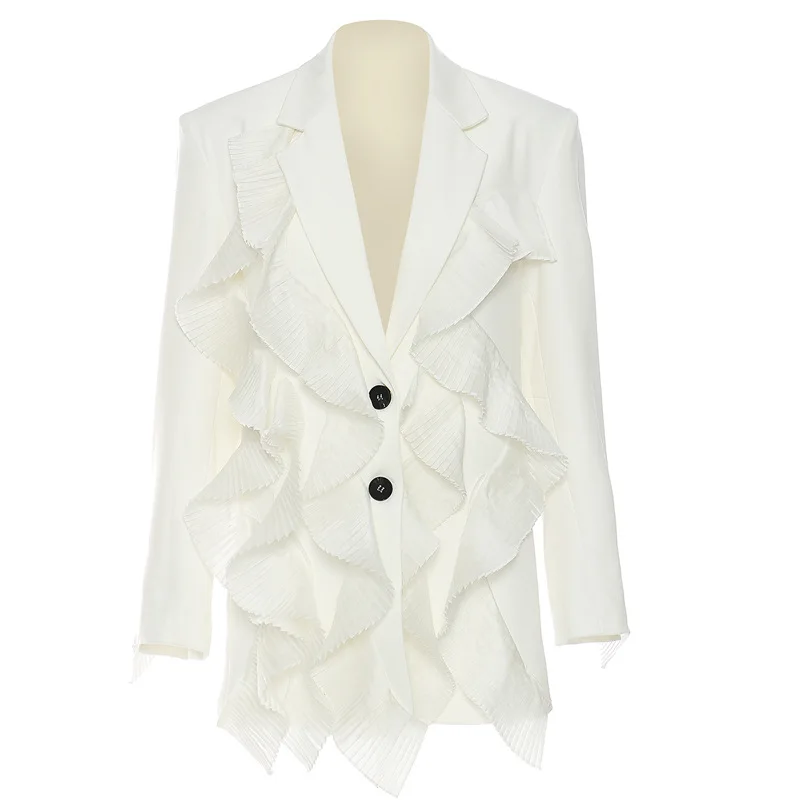 Crimping Women Suit Graceful Splicing Notch Lapels Tops Gorgeous White Two Buttons Cotton Long Sleeve Blazer New Design In Stock