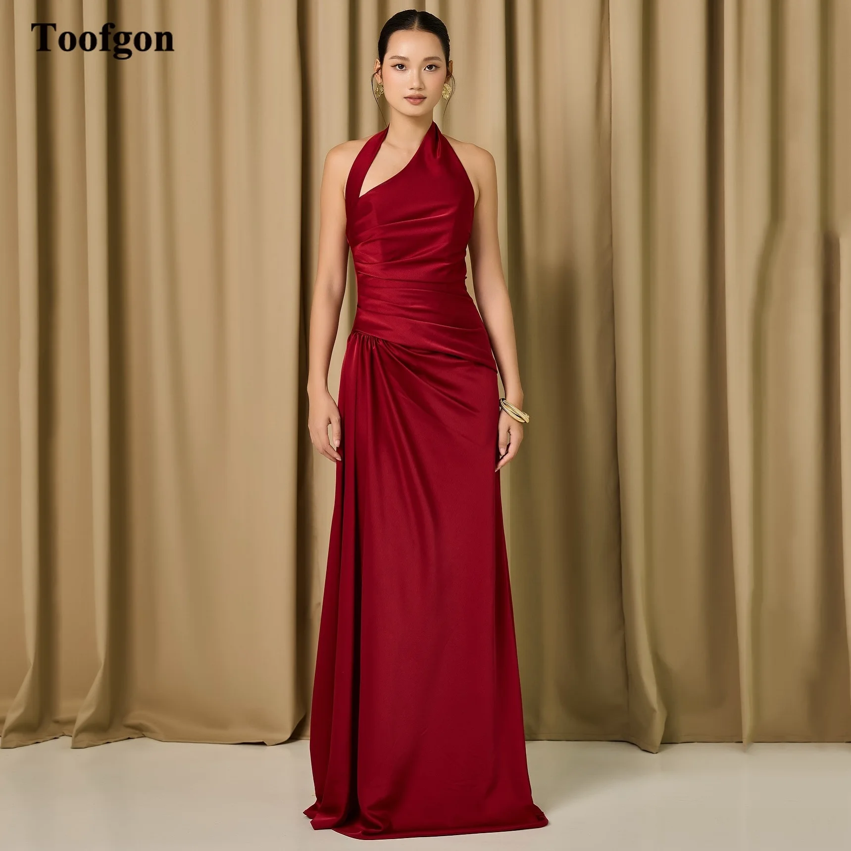 

Toofgon Burgundy Satin Customized Evening Dresses Halter Mermaid Pleats Women's Special Formal Party Prom Dress Red Carpet Gowns