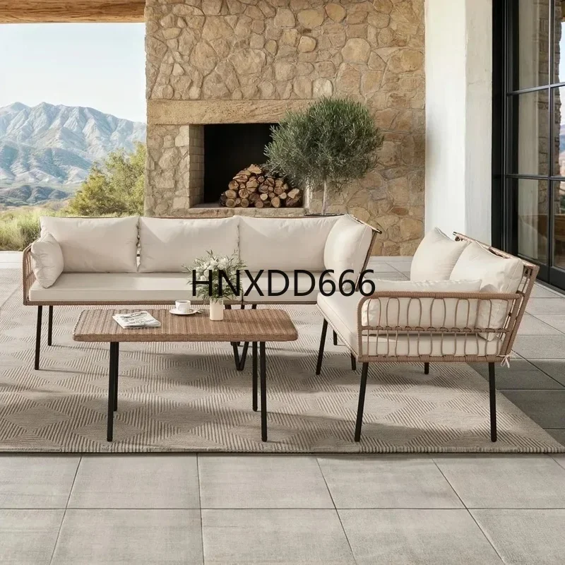 4-Piece Wicker Patio Furniture Set, All Weather PE Rattan Conversation Set Sectional Sofa with Soft Cushions  Side Table