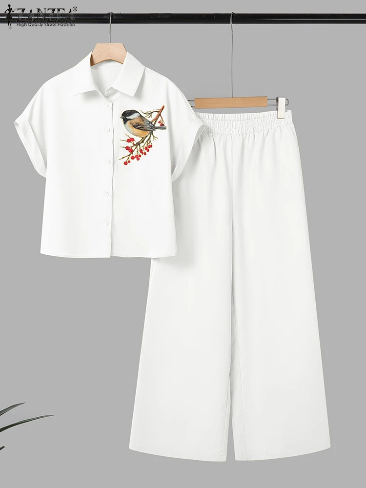 Conjuntos de pantalones de verano 2025 ZANZEA, conjuntos de 2 piezas para mujer, chándales OL de 2 uds, camisa de manga corta a la moda elegante, pantalones de pierna ancha, traje