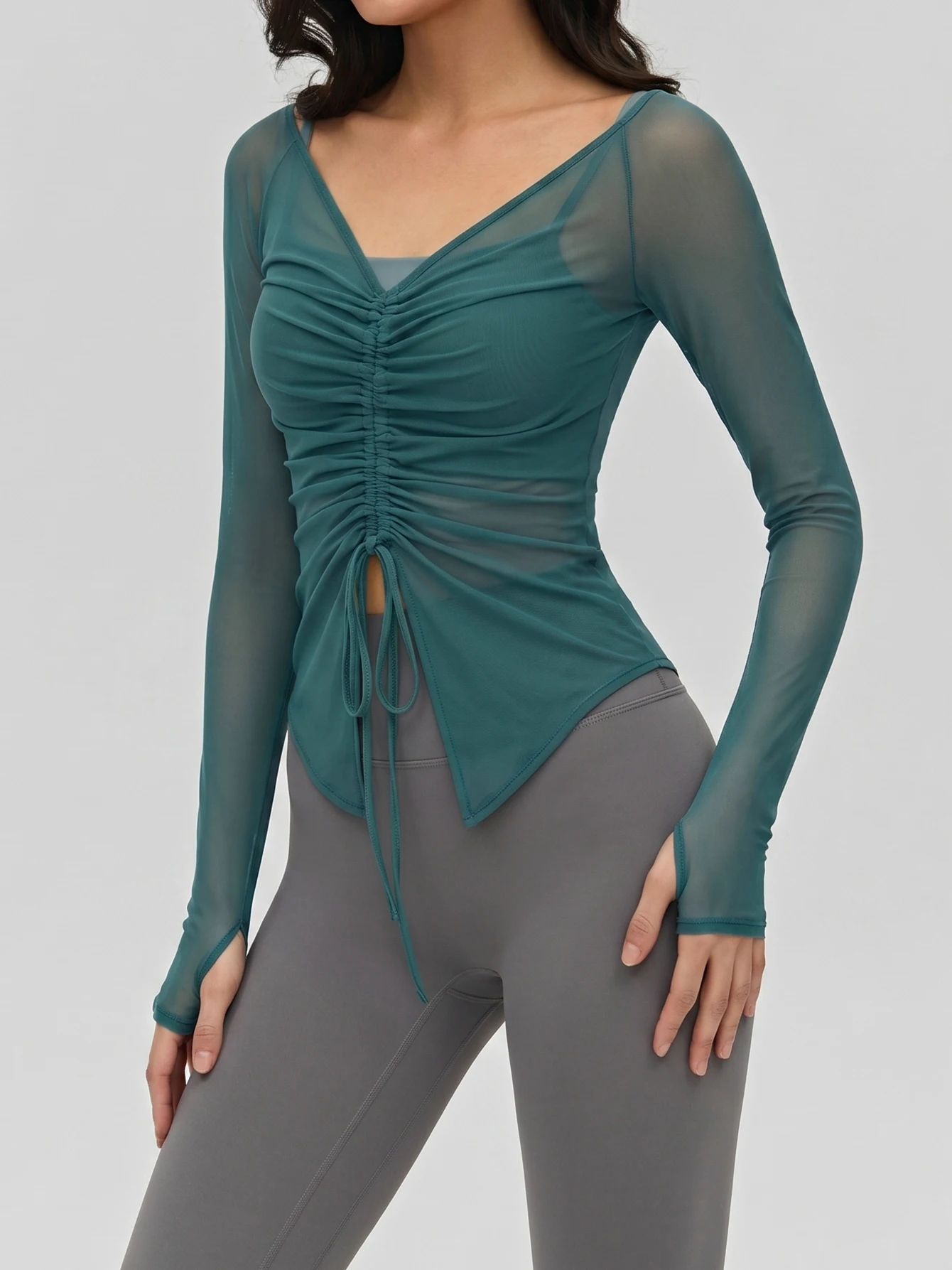 

Women's Mesh Long Sleeve Yoga Top, Drawstring Ruched Front V Neck Workout Shirt, Slim Fit See Through Athletic Activewear with T