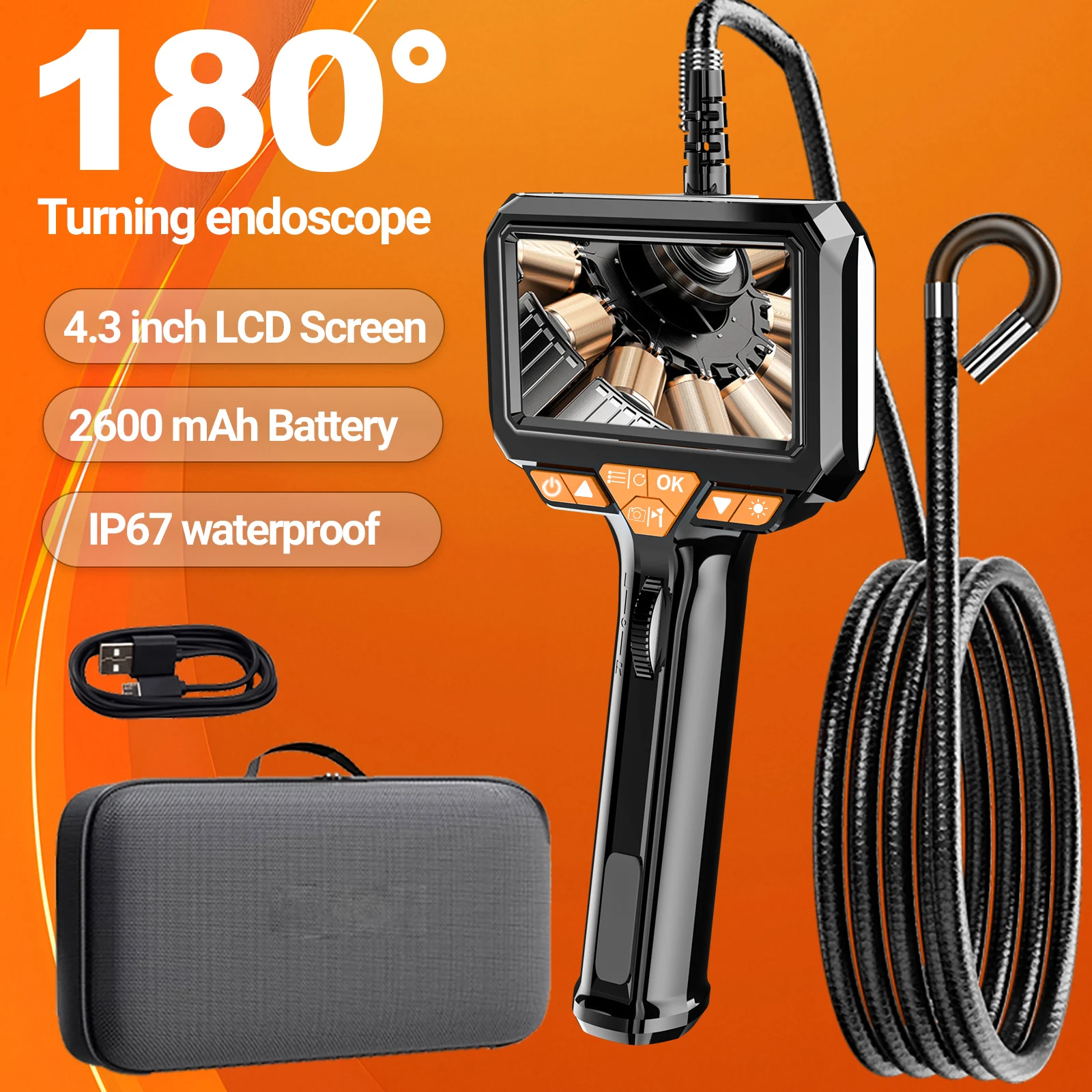 6.5mm/8.5mm Articulating Borescope Camera 1080P HD Industrial Endoscope with Two-Way Steering Probe for Automotive Inspection