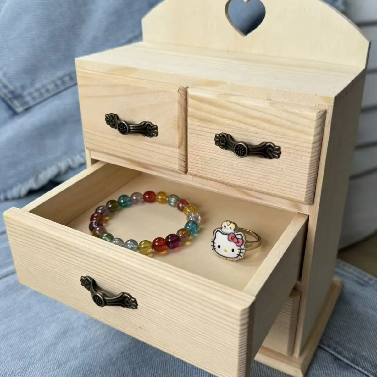 Heart-Shaped Hollow Wooden Jewelry Box With Multi-Layer Drawers DIY Hand-Painted Desktop Storage Organizer Cabinet For Cosmetics