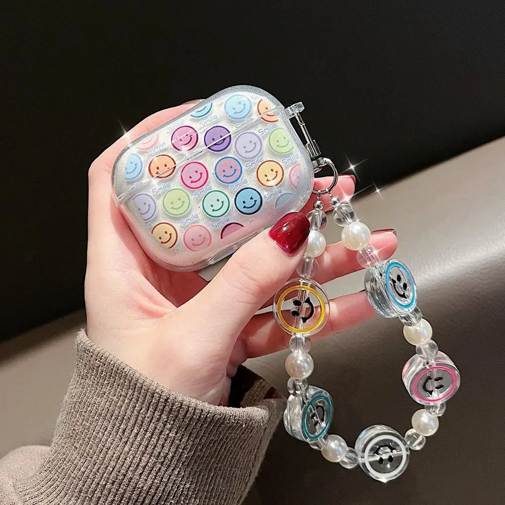 INS Korea Cute Smile Clear Earphone Case For Airpods 1 2 3 Coloful Smile Bracelet Keychan Headphone Cover For Airpods Pro 2