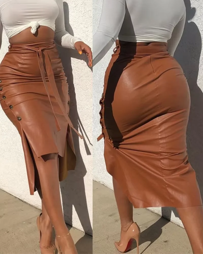 Women's PU leather mid-length dress, high-waisted lace-up split-fitted pencil skirt with sexy button decoration, suitable for cl