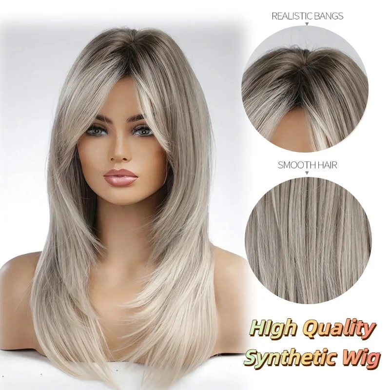 GEMMA Long Straight Blonde to Grey Ombre Wig with Bangs for Women Heat Resistant Synthetic Hair Natural Look Daily Party Wear