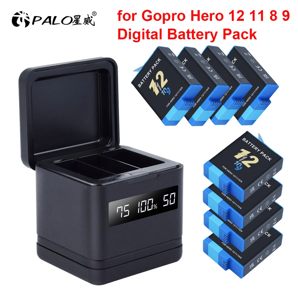 PALO AHDBT-901 Camera Battery With LCD Charger Case for GoPro Hero 12 11 10 9 Action Sport Camera Batteries Accessories