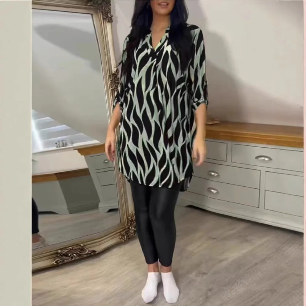 2025 Spring Vintage Print Women Tops  Casual V-Neck 1/2 Sleeve Blouses Tunic Shirt S-XXL