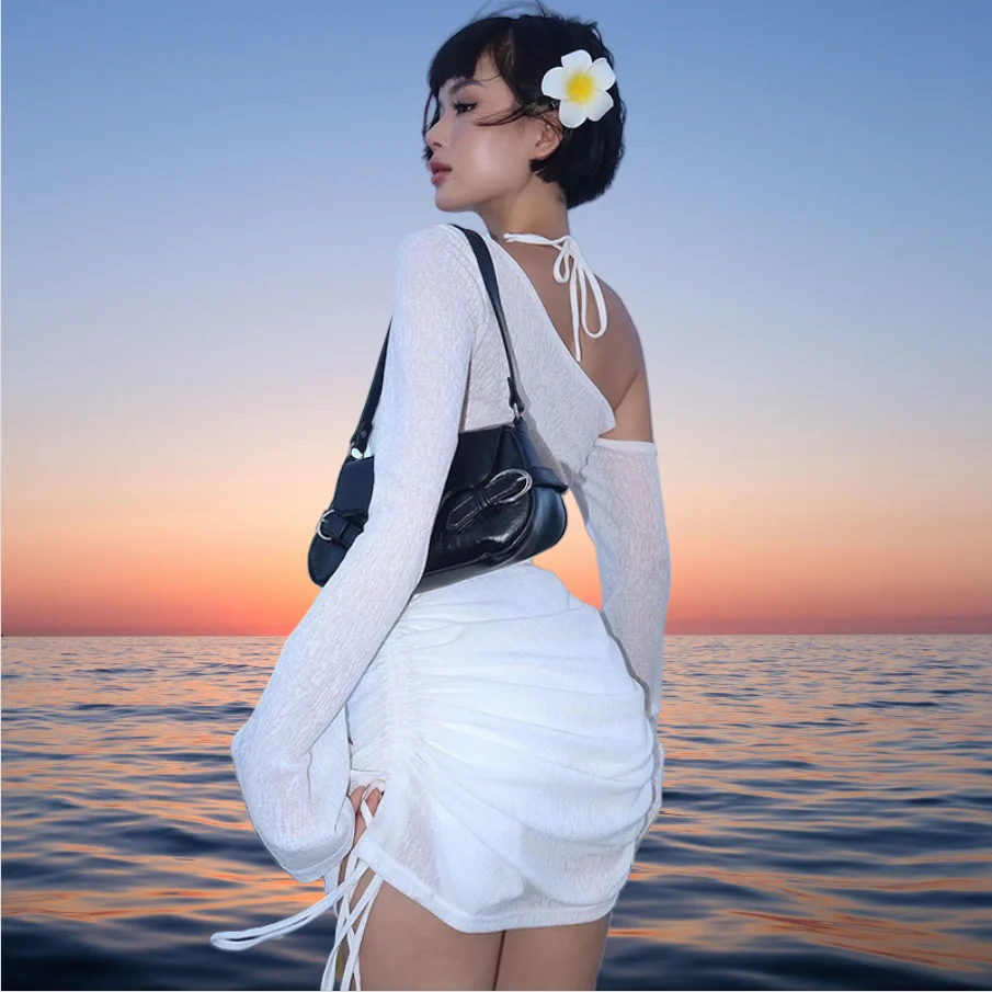 2025ฤดูร้อนผู้หญิงSkew Collar Lace-Up Ruchedดูผ่านชุดมินิแขนยาวBackless Clubwearปาร์ตี้ค็อกเทลชุดราตรี