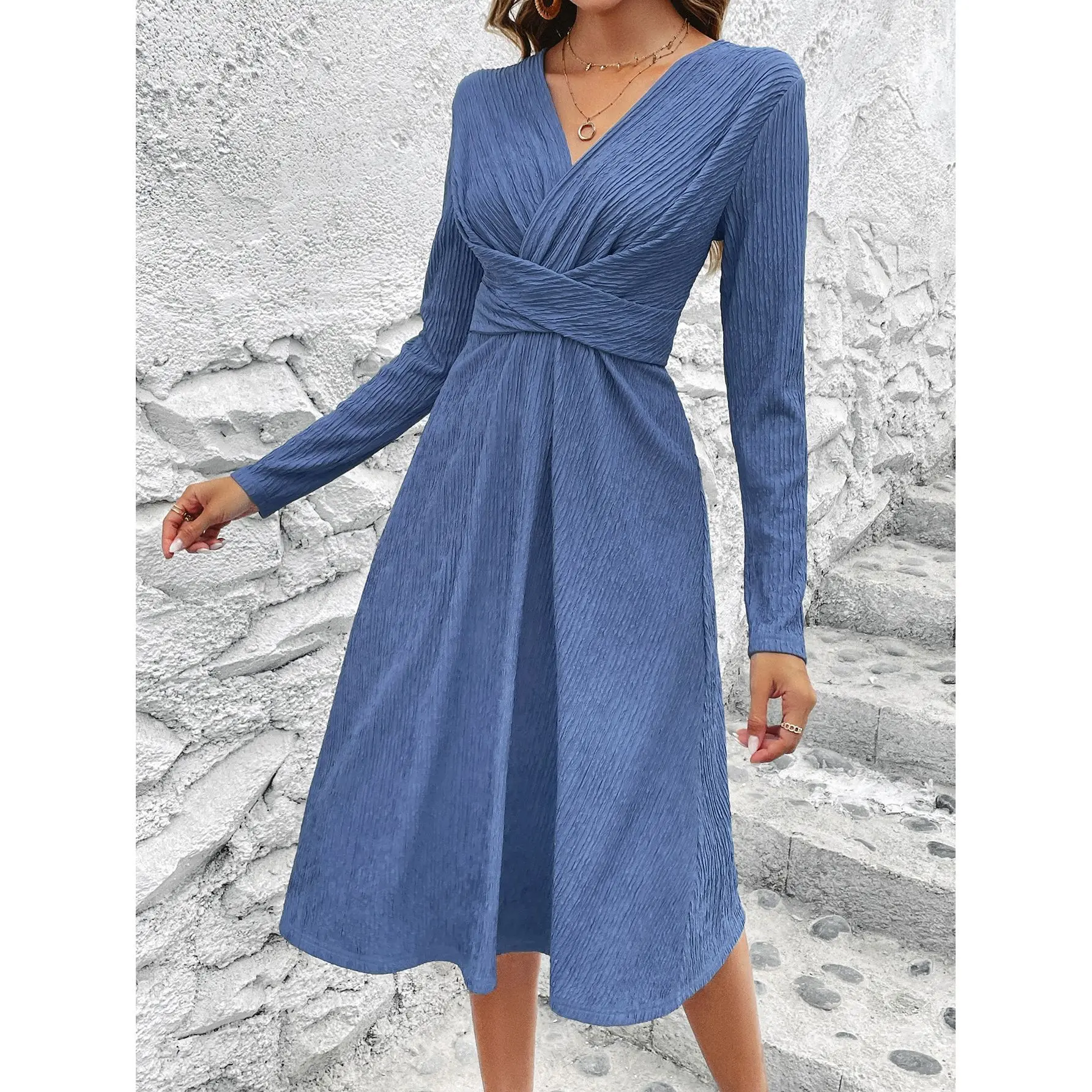 

Ladies Midi Dress Spring Summer Vintage V-neck Elegant Fashion High Waist Long Sleeve Solid Color Streetwear Casual Robe Femme