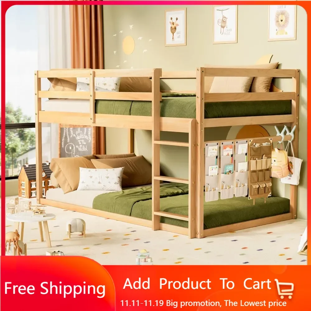 

Low Twin Over Twin, Floor Bunk Bed with Ladder, Twin with Full Guardrails, Wooden Bunk Bed