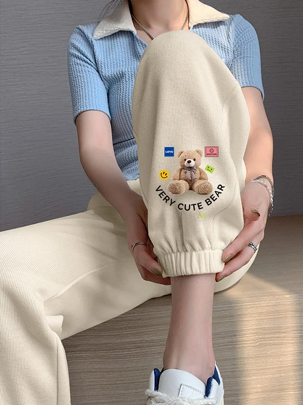 

Женские спортивные брюки больших размеров с высокой талией, на флисовой подкладке, с принтом медведя, повседневные, удобные, новинка 2025 года