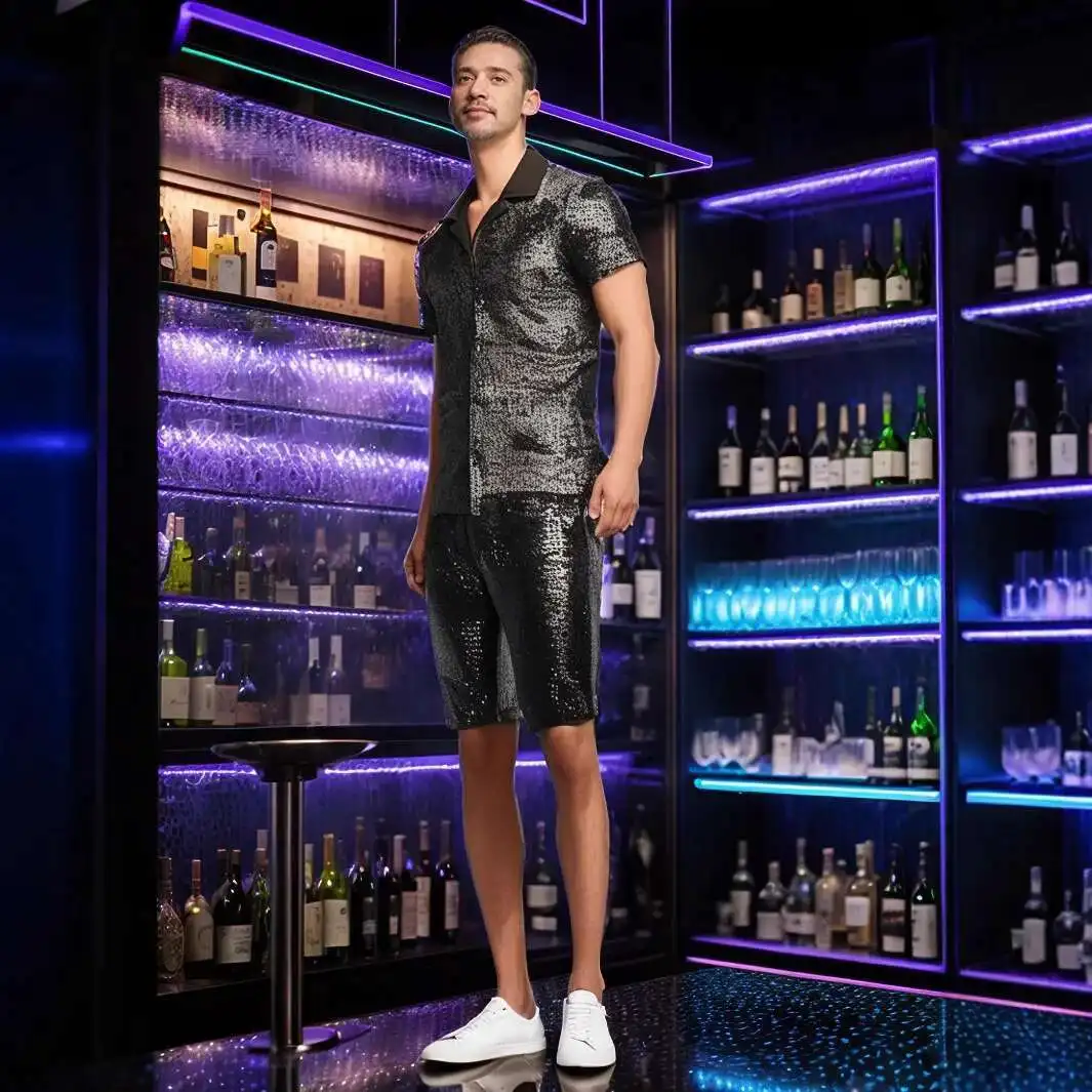 Lässige Herren-Shorts für den Sommer, glitzernde Fünf-Punkt-Hose, geeignet für Bars oder Nachtclubs, erhältlich in Grün, Lila, Segel, Blau