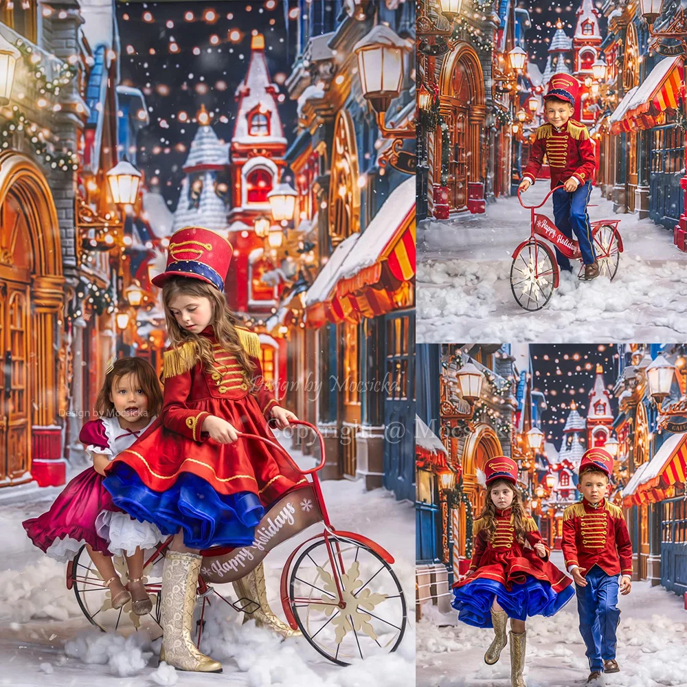 خلفية التصوير الفوتوغرافي لممرات شارع الكريسماس ، مصابيح لامعة ، متجر هدايا الكريسماس ، خلفية ندفة الثلج ، عطلة سعيدة ، استوديو فوتوزون للأطفال